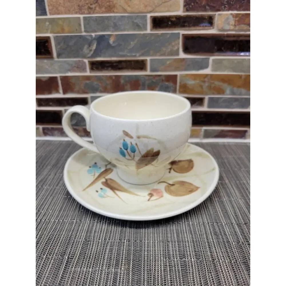 2 Vintage Red Wing Pottery Random Harvest Cup Saucer Sets Mid Century Futura